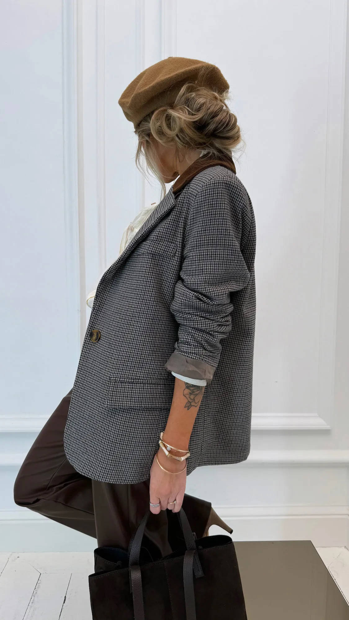 Blazer pied de poule marron col velours