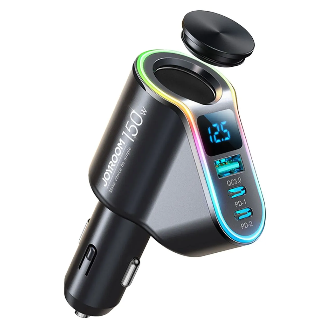 Chargeur de voiture USB Joyroom, 2xType-C, affichage numérique, lumières RVB, 150 W, noir
