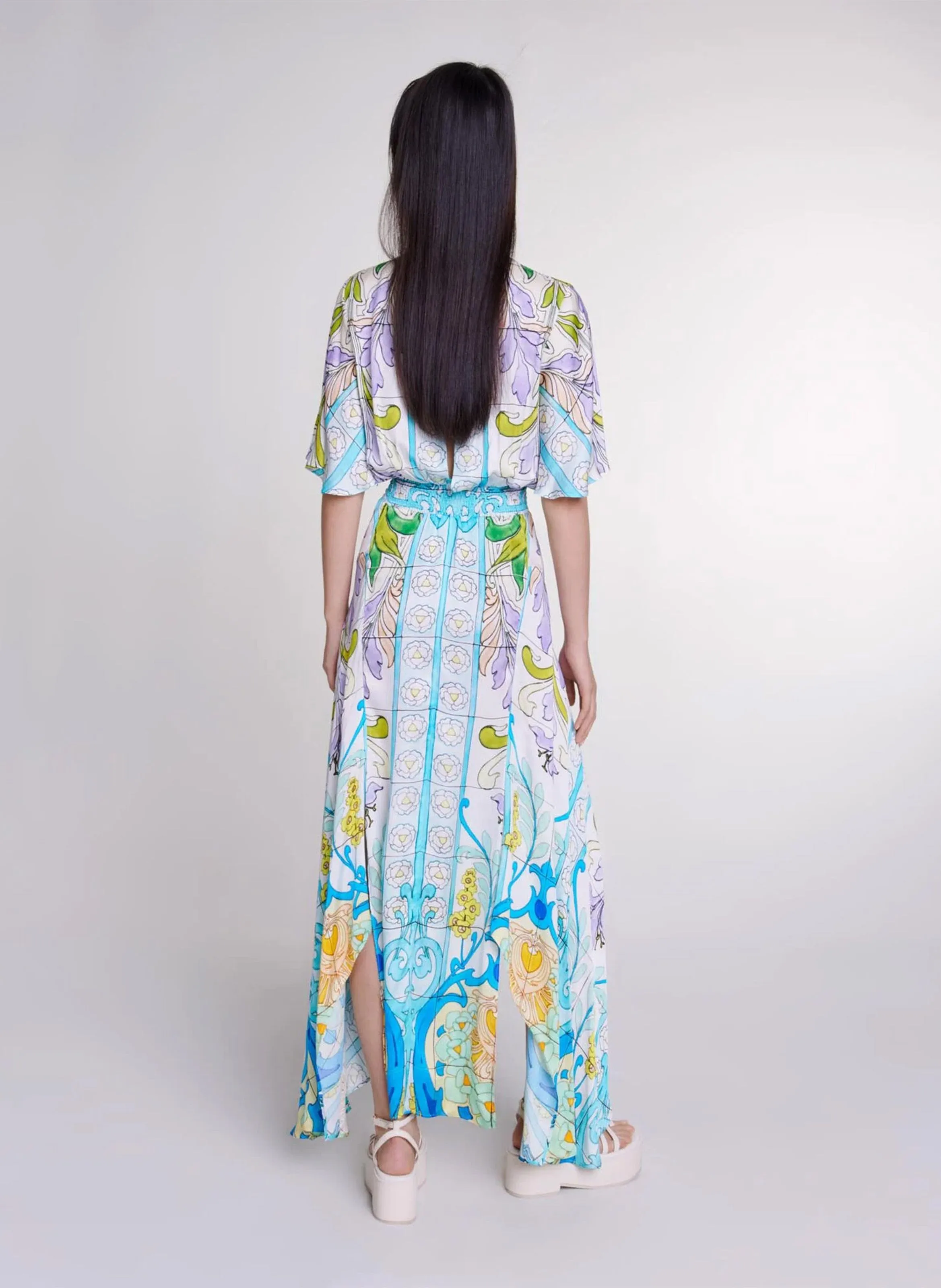 MAJE  Robe longue cintrée à col v - Multicolore