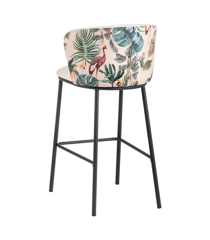 Tabouret de bar velours motif feuillage et métal noir 53x54x98cm
