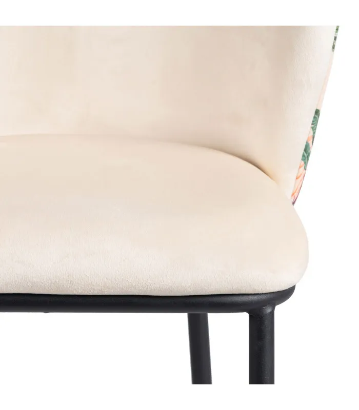 Tabouret de bar velours motif feuillage et métal noir 53x54x98cm