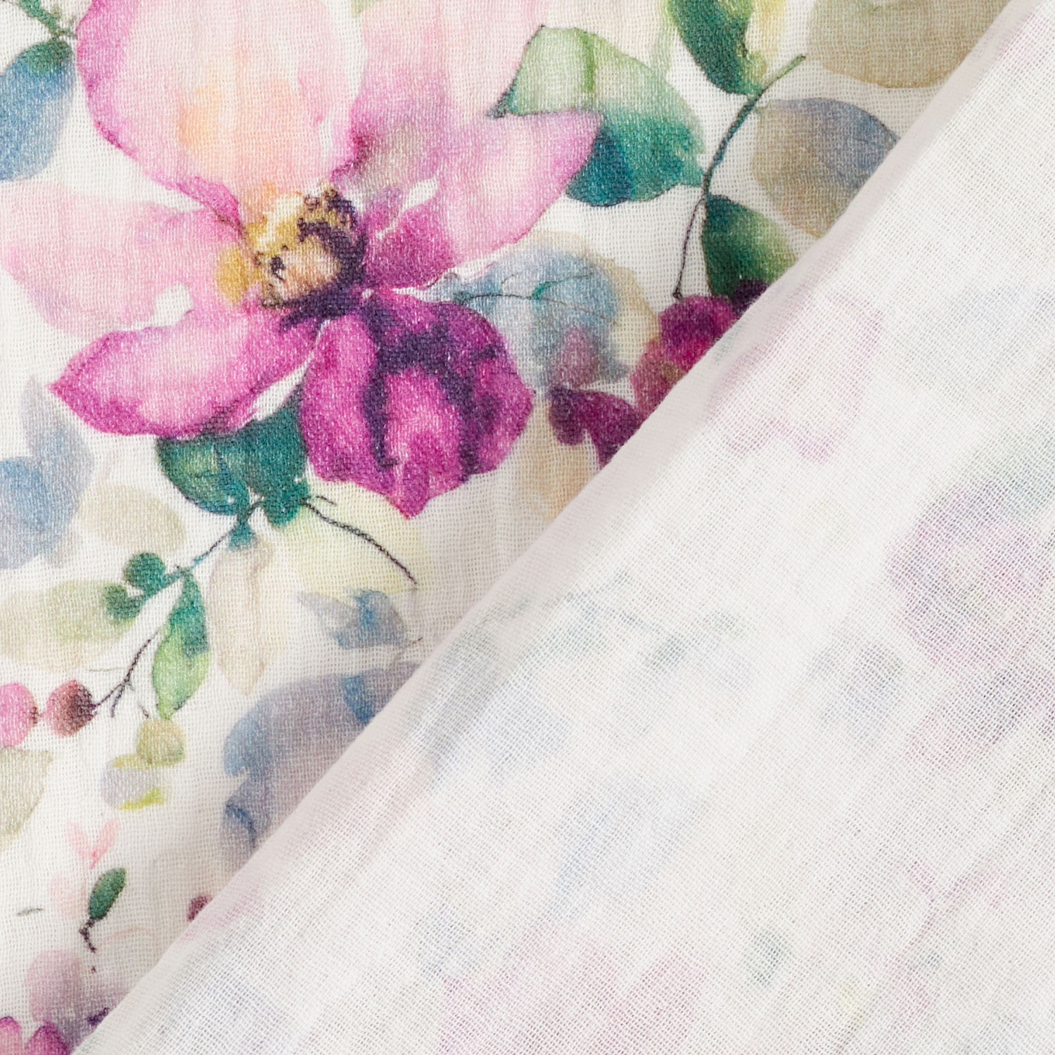 Tissu double gaze de coton Fleurs aquarelle Impression numérique – blanc/pourpre