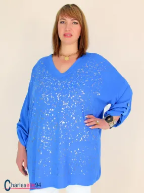 Tunique longue col V imprimé argenté été NENA bleu royal